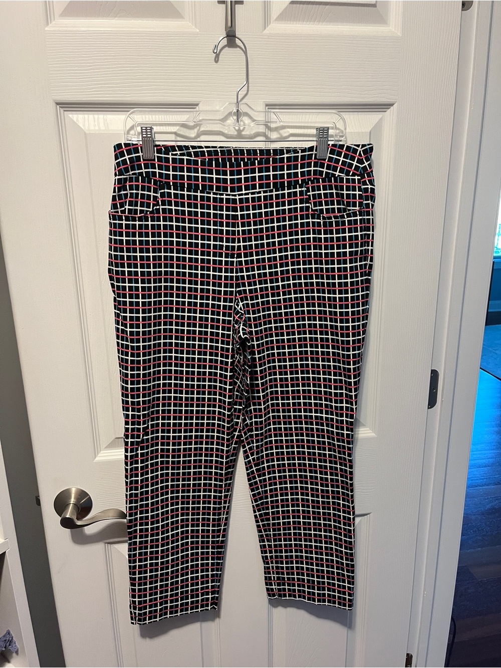 Black Grid Ankle Pants with Pink Accents